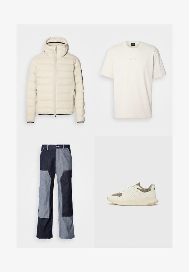 Veste matelassée crème avec fermeture éclair à l'avant et capuche. Elle présente une texture lisse et des poignets élastiques, avec deux poches latérales et un marquage discret.; BOSS TEE - T-shirt basique - open white; Pantalon en denim avec un design en patchwork dans différentes nuances de bleu foncé et clair, avec des coutures contrastées et des jambes larges et droites.; Basket de sport blanche et beige clair, avec une tige en maille, des détails perforés et une semelle intermédiaire texturée avec un logo sur le talon.