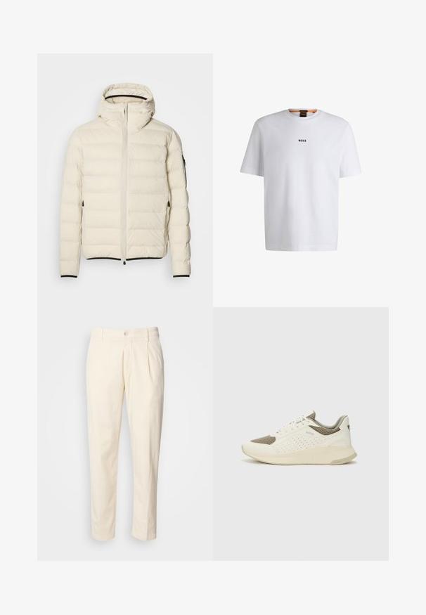 Kurtka puchowa w kolorze kremowym z zamkiem z przodu i kapturem. Charakteryzuje się gładką teksturą oraz elastycznymi mankietami, posiada dwie boczne kieszenie i dyskretne logo.; Biała bawełniana koszulka z krótkim rękawem, z czarnym logo "BOSS" umieszczonym na środku klatki piersiowej oraz okrągłym dekoltem.; Beżowe bawełniane spodnie o prostym kroju, z fałdami z przodu, z zapięciem na guzik i bocznymi kieszeniami. Gładka tekstura.; Białe i jasnobeżowe sneakersy sportowe, z siateczkową cholewką, perforowanymi detalami oraz teksturowaną podeszwą śródstopia z brandingiem na pięcie.
