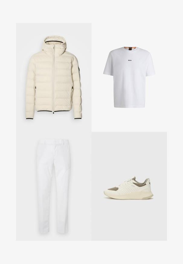 Klāta jaka krēmkrāsā ar rāvējslēdzēju priekšā un kapuci. Iezīmējas ar gludu tekstūru un elastīgām piedurknēm, divām sānu kabatām un diskrētu zīmolu.; Balta kokvilnas T-kreklu ar īsām piedurknēm, ar melnu "BOSS" logotipu centrā uz krūšu un apļa formas kakla dizainu.; Baltas kokvilnas bikses ar šaubu piegriezumu, kas piemīt taisna priekšpuse, jostas cilpas un sānu kabatas. Gluda tekstūra un klasiskā dizaina.; Baltas un gaiši bež sporta apavi, ar sieta augšdaļu, perforētiem detaļām un teksturētu vidusdaļu ar zīmolu uz papēža.