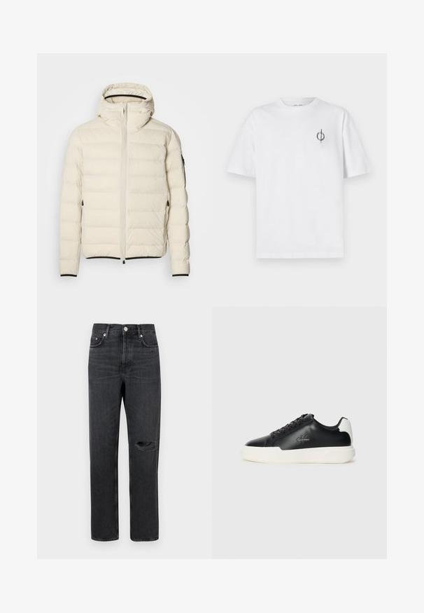 Padded bunda v krémovej farbe so zipsom vpredu a kapucňou. Má hladkú textúru a elastické manžety, dve bočné vrecká a diskrétne logo.; Biela bavlnená tričko s voľným strihom, s malým čiernym grafickým logom na ľavej strane hrudníka. Krátke rukávy, okrúhly výstrih.; Čierne deninové rifle so rovnými nohavicami, s prepichnutým kolenom, päť vrecový dizajn a kovové prvky na páse a vreckách.; Čierne kožené tenisky s bielou gumovou podrážkou. Vybavené okrúlym špičkou, dizajnom na šnurovanie a detailom loga na boku. Zadný akcent v bielej farbe.