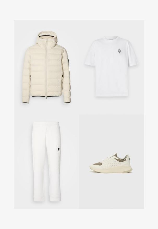 Padded Jacke in Creme mit Reißverschluss vorne und Kapuze. Hat eine glatte Textur und elastische Bündchen, mit zwei seitlichen Taschen und zurückhaltendem Branding.; Weißes Baumwoll-T-Shirt mit lockerer Passform, das ein kleines schwarzes Grafiklogo auf der linken Brustseite aufweist. Kurze Ärmel, Rundhalsausschnitt.; Weiße Jogginghosen mit elastischem Bund, schmal zulaufenden Beinen, strukturiertem Stoff und geprägtem "HUGO"-Logo am linken Oberschenkel.; Weiße und hellbeige Sport Sneakers, ausgestattet mit einem Obermaterial aus Netzgewebe, perforierten Details und einer strukturierten Zwischensohle mit Branding an der Ferse.