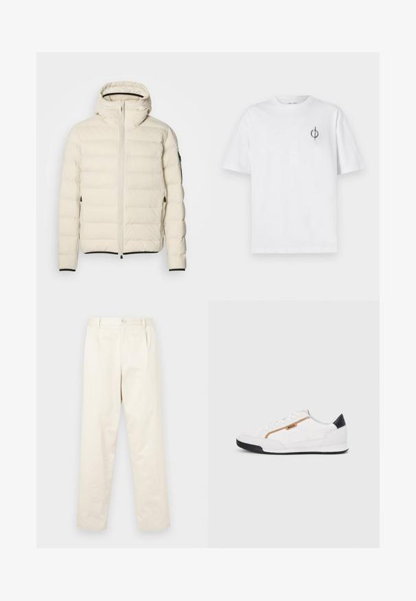 Kreminės spalvos užpildyta striukė su užtrauktuku priekyje ir kapišonu. Ypatumai: sklandus paviršius ir elastingos rankogaliai, taip pat dvi šoninės kišenės ir diskretiškas prekės ženklas.; Balta medvilninė marškinė su laisvu siluetu, su mažą juodą grafiką logotipą kairėje krūtinės pusėje. Trumpomis rankovėmis, apvaliu kaklu.; Šviesiai kreminiai medvilniniai chinos tipo kelnės su tiesiais šonais, turinčios mygtuko užsegimą ir dvi šonines kišenes. Glotnus paviršius be matomų raštų.; Balti sportiniai bateliai su tinklinėmis ir odinėmis detalėmis. Yra auksinė "BOSS" logotipas, tekstūruoti šonai ir juodas kulno dangtelis. Guminis padas.