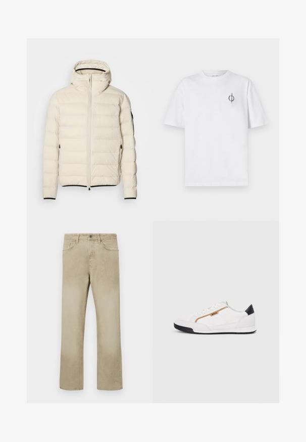 Casaco acolchoado em creme com fecho de correr e capuz. Apresenta uma textura suave e punhos elásticos, com dois bolsos laterais e uma marcação discreta.; Camisa de algodão branca com um corte relaxado, apresentando um pequeno logótipo gráfico preto na área do peito esquerdo. Mangas curtas, estilo de gola redonda.; Calças de algodão bege com um design de perna reta, apresentando bolsos frontais e um fecho clássico de botão. Textura lisa com desvanecimento sutil.; Tênis atléticos brancos com detalhes em malha e couro. Apresenta um logotipo dourado "BOSS", painéis laterais texturizados e um capô de calcanhar preto. Sola em borracha.