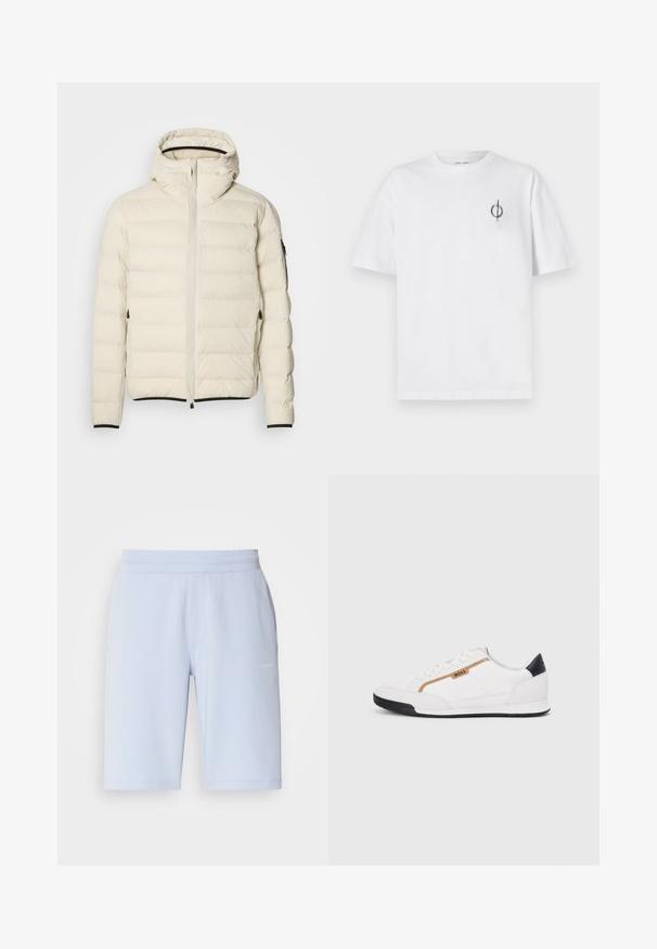 Kreminės spalvos užpildyta striukė su užtrauktuku priekyje ir kapišonu. Ypatumai: sklandus paviršius ir elastingos rankogaliai, taip pat dvi šoninės kišenės ir diskretiškas prekės ženklas.; Balta medvilninė marškinė su laisvu siluetu, su mažą juodą grafiką logotipą kairėje krūtinės pusėje. Trumpomis rankovėmis, apvaliu kaklu.; Šviesiai mėlyni sportiniai šortai, pagaminti iš minkštos medžiagos, turi elastingą juosmenį ir šonines kišenes. Maža logotipo detalė priekyje.; Balti sportiniai bateliai su tinklinėmis ir odinėmis detalėmis. Yra auksinė "BOSS" logotipas, tekstūruoti šonai ir juodas kulno dangtelis. Guminis padas.