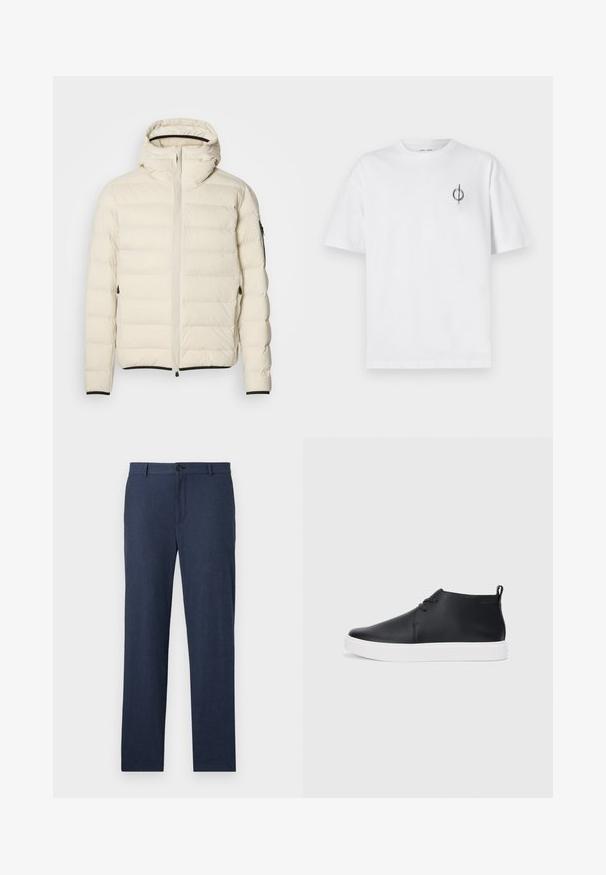 Padded jacket in cream with a zip front and hood. Features a smooth texture and elastic cuffs, with two side pockets and discreet branding.; White cotton t-shirt with a relaxed fit, featuring a small black graphic logo on the left chest area. Short sleeves, crew neck style.; Navy blue trousers made of textured fabric with a straight-leg design, featuring a front button closure and no visible pockets.; Black leather high-top sneakers with a smooth finish, white rubber sole, and simple lace-up design. Features a pull tab at the back.