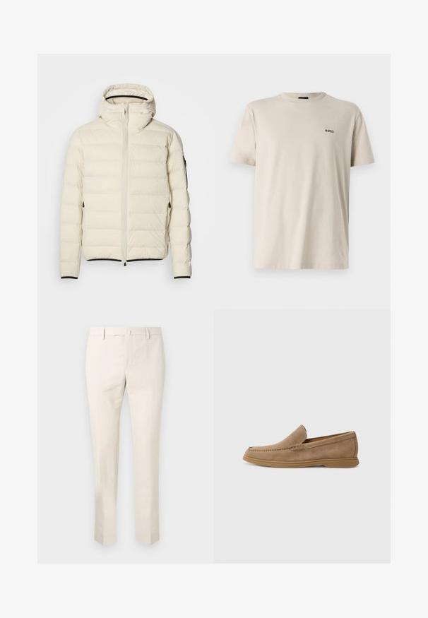 Krém színű, párnázott kabát, elől cipzárral és kapucnival. Zökkenőmentes textúrával és rugalmas mandzsettákkal rendelkezik, két oldalsó zsebe van, és diszkrét márkajelzés található rajta.; Csillag bézs színű pamut rövid ujjú póló, kerek nyakkal. A bal felső mellrészen egy kis fekete "BOSS" logó található. Simaságával kiemelkedő.; Világos bézs színű, pamut chino nadrág, lapos elejű, övhurkokkal és oldalsó zsebekkel. Egyenes lábformájú, sima textúrával.; Barna velúr slip-on loaferek sima felülettel és varrott részletezéssel; gumitalppal a tapadás érdekében.