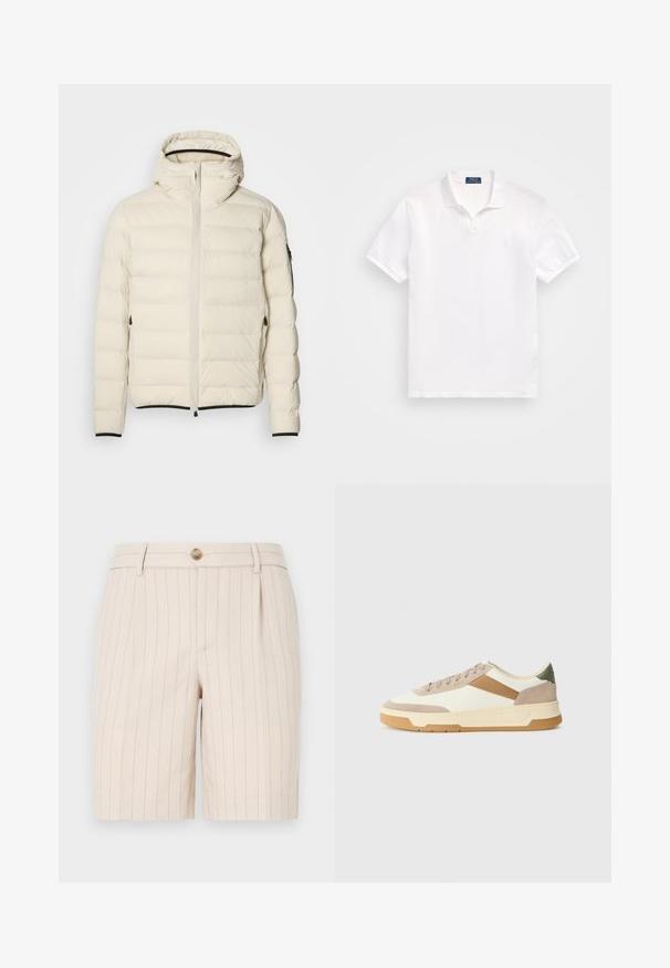 Giacca imbottita color crema con zip frontale e cappuccio. Presenta una texture liscia e polsini elasticizzati, con due tasche laterali e un branding discreto.; Polo bianco in cotone, con una chiusura a due bottoni, maniche corte e un logo discreto sul lato sinistro del petto. Texture liscia.; Pantaloni shorts beige realizzati in un tessuto leggero, con un motivo a righe sottili, chiusura anteriore con bottone e tasche laterali.; Sneaker in beige, crema e verde oliva, con materiali in suede e pelle, punta rotonda, design minimalista e suola in gomma.