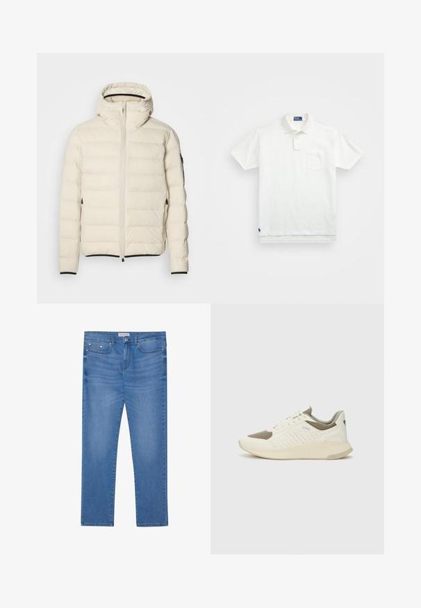 Kurtka puchowa w kolorze kremowym z zamkiem z przodu i kapturem. Charakteryzuje się gładką teksturą oraz elastycznymi mankietami, posiada dwie boczne kieszenie i dyskretne logo.; Biała koszulka polo wykonana z bawełny, z klasycznym kołnierzykiem, trzema guzikami oraz kieszonką na lewym piersi; małe logo na dolnym brzegu.; Jasnoniebieskie dżinsy o prostym kroju nogawek, pięć kieszeni, subtelne ślady wyblaknięcia oraz metalowe akcenty przy pasie i kieszeniach.; Białe i jasnobeżowe sneakersy sportowe, z siateczkową cholewką, perforowanymi detalami oraz teksturowaną podeszwą śródstopia z brandingiem na pięcie.