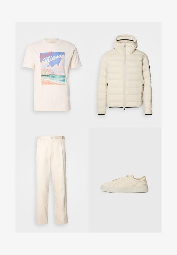 Padded jakna v kremni barvi z zadrgo spredaj in kapuco. Ima gladko teksturo, elastične manšete, dva stranska žepa in diskretno blagovno znamko.; Krema bombažna majica z grafičnim tiskom miamijske obale, valov in oblakov v pastelnih barvah, z napisom "GANT Miami" in "Greetings From Florida".; Bež cottone hlače s ravnim krojem, ki imajo gumbasto zapiranje in nabore spredaj za dodatne detajle.; Bež usnjeni športni copat s zaobljenim nosom, minimalistična zasnova, subtilne šivane podrobnosti in teksturirana zgornja stran, na svetlem podplatu.