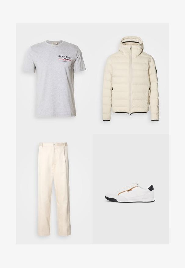 Kreemivärvi polsterdatud jakk, kus on lukuga esiosa ja kapuuts. Omab siledat tekstuuri ja elastseid mansette, kahe küljetasku ning diskreetse brändingu. ; Hallide hallist puuvillane T-särk lühikeste varrukatega, ümmarguse kaelusega ja sinise ning punase trükistega. Särgil on logo ja horisontaalsed triibud.; Beesidised puuvillased püksid sirge jala lõikega, mis on varustatud nööpkinnituse ja ees olevate voltidega, et lisada detaili.; Valged sportlikud jalatsid, millel on võrkkangas ja nahkdetailid. Omab kuldset "BOSS" logo, tekstureeritud külgpaneele ja musta kontsakaant. Kummist tallad.