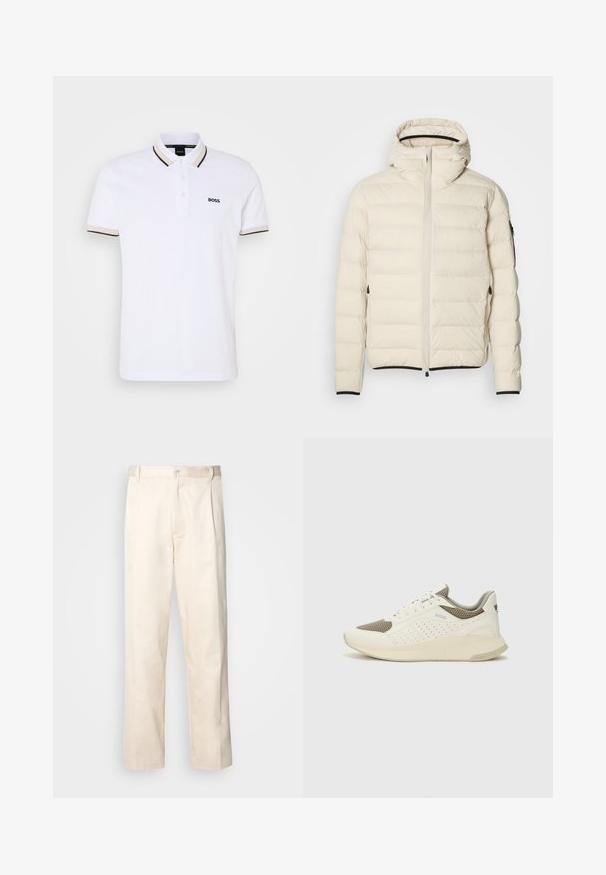 Padded bunda v krémovej farbe so zipsom vpredu a kapucňou. Má hladkú textúru a elastické manžety, dve bočné vrecká a diskrétne logo.; Biela polo košeľa s klasickým golierom, obsahujúca päticu gombíkov, tmavé lemovanie na rukávoch a čierne vyšívané logo na hrudi.; Béžové bavlnené nohavice so strihom rovného nohu, s gombíkovým zapínaním a záhybmi vpredu pre pridanie detailu.; Biele a svetlo béžové športové tenisky s hornou časťou z mriežkového materiálu, perforovanými detailmi a textúrovanou medzipodrážkou s logom na päte.
