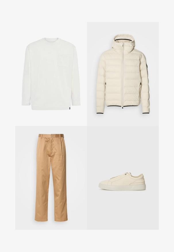 Kreminės spalvos užpildyta striukė su užtrauktuku priekyje ir kapišonu. Ypatumai: sklandus paviršius ir elastingos rankogaliai, taip pat dvi šoninės kišenės ir diskretiškas prekės ženklas.; Boggi Milano Ilgarankovis viršutinės dalies drabužis - white; Kaki kelnės, medvilnės mišinys, tiesaus kirpimo dizainas, priekiniai raukiniai, diržo kilpos ir mygtuko uždarymas. Lygus audinys be raštų.; Kreminio odos sportbačiai su apvaliu nosiu, minimalistiniu dizainu, subtiliomis siuvimo detalėmis ir tekstūrine viršutine dalimi, ant šviesios pado.