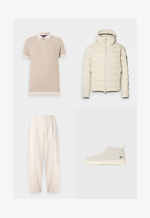 Krémová zateplená bunda se zipem vpředu a kapucí. Má hladkou strukturu, elastické manžety, dvě boční kapsy a diskrétní logo.; Béžové polo tričko s krátkým rukávem, které má žebrovanou strukturu, límec na zip a kontrastní lemování na rukávech a spodním lemu. Jemný detail loga.; Béžové kalhoty se zvýšeným pasem, záhyby a rovného střihu. Vyrobené z hladké tkaniny s bočními kapsami a čistým zakončením.; Světle šedé semišové kotníkové boty s kulatou špičkou, bílou gumovou podrážkou a jemným logem na boku. Obsahují šněrování.