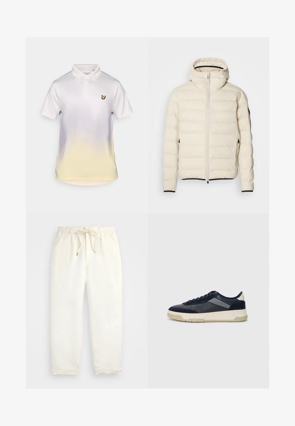 Kreminės spalvos užpildyta striukė su užtrauktuku priekyje ir kapišonu. Ypatumai: sklandus paviršius ir elastingos rankogaliai, taip pat dvi šoninės kišenės ir diskretiškas prekės ženklas.; Balta polo marškinėliai su geltonu gradientu apačioje, klasikiniu apykakle ir maža juoda paukščio logotipu kairėje krūtinės pusėje.; Šviesiai kreminės spalvos, laisvalaikio kelnės iš minkštos medžiagos. Turi elastinį juosmenį su raišteliais ir siaurėjantį kojų dizainą.; BOSS BALTIMORE - Sportbačiai - open blue