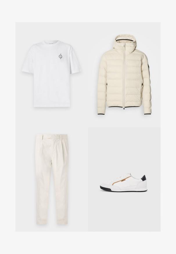Padded jakna v kremni barvi z zadrgo spredaj in kapuco. Ima gladko teksturo, elastične manšete, dva stranska žepa in diskretno blagovno znamko.; Bela bombažna majica s sproščenim krojem, ki ima majhen črn grafični logotip na levem prsnem delu. Kratke rokave, okrogel izrez.; Bele, plisirane hlače s krojenim prileganjem, z gladko teksturo, z zankami za pas in ožjimi hlačnicami. Brez vidnih žepov ali vzorcev.; Bele športne čevlje z mrežnimi in usnjenimi detajli. Opremljeni so z zlatim logotipom "BOSS", teksturiranimi stranskimi paneli in črnim kapcom na peti. Guma podplat.