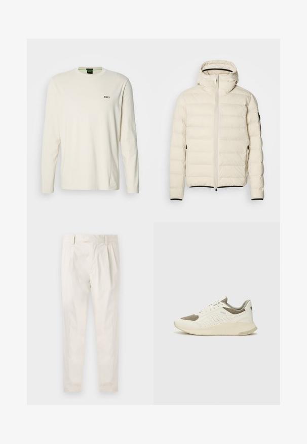 Padded Jacke in Creme mit Reißverschluss vorne und Kapuze. Hat eine glatte Textur und elastische Bündchen, mit zwei seitlichen Taschen und zurückhaltendem Branding.; Langärmliges Creme-T-Shirt aus Baumwolle mit Rundhalsausschnitt und kleinem schwarzen "BOSS"-Logo auf der Brust. Glattes, leichtes Material.; Weiße, plissierte Hose mit taillierten Schnitt, die eine glatte Textur, Gürtelschlaufen und schmal zulaufende Beine aufweist. Keine sichtbaren Taschen oder Muster.; Weiße und hellbeige Sport Sneakers, ausgestattet mit einem Obermaterial aus Netzgewebe, perforierten Details und einer strukturierten Zwischensohle mit Branding an der Ferse.