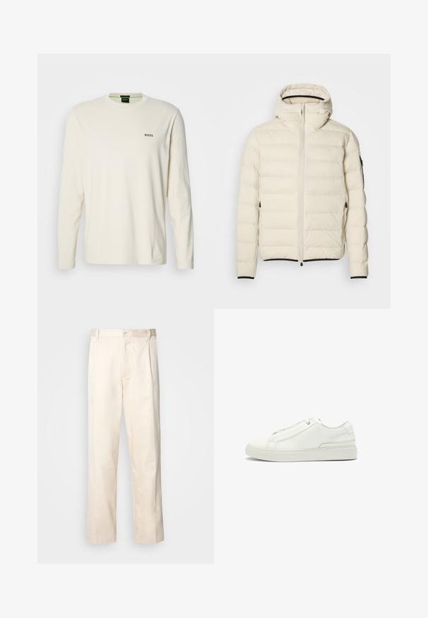 Vaatteena on vaaleanbeige vuorattu takki, jossa on vetoketjullinen etuosa ja huppu. Siinä on sileä pinta ja elastiset hihansuut, kaksi sivutaskua ja huomaamaton brändäys.; Kerman pitkähihaisen kermahupparin, joka on valmistettu puuvillasta ja jossa on pyöreä kaula-aukko. Rinnassa pieni musta "BOSS"-logo. Pehmeä ja kevyt kangas.; Vaaleanbeige puuvillahousut, joissa on suora lahje, varustettu nappisulkeisella ja etupuolella olevilla laskoksilla lisäyksinä.; Valkoinen nahkakenkä, jossa on teksturoitu yläosa, pyöreä kärki, minimalistinen muotoilu ja kumipohja, jossa on ommeltu yksityiskohta.