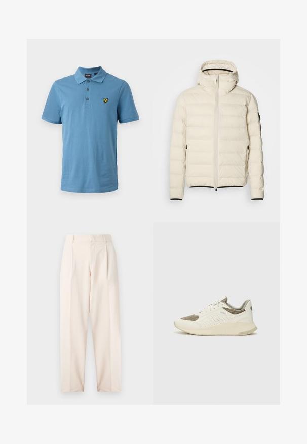 Kreemivärvi polsterdatud jakk, kus on lukuga esiosa ja kapuuts. Omab siledat tekstuuri ja elastseid mansette, kahe küljetasku ning diskreetse brändingu. ; Helesin sinine puuvillane polo-särk, millel on kolme nupu paigutus, lühikesed varrukad ja kollane tikand rinnal.; Beežid kohandatud püksid kõrge talje, voltide ja sirge jala disainiga. Valmistatud siledast kangast, küljetaskudega ja puhta viimistlusega.; Valge ja heledat beeži värvi spordijalats, millel on õhuke võrkmaterjal, perforatsioonidega detailid ning tekstuuriga vahetald, millel on brändi logo kannaosas.