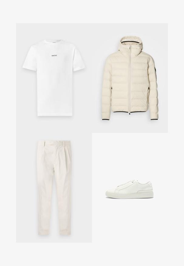 Padded jacket in cream with a zip front and hood. Features a smooth texture and elastic cuffs, with two side pockets and discreet branding.; White cotton t-shirt with a round neckline and short sleeves. Features a small black "Boss Club" logo centered on the chest.; White, pleated trousers with a tailored fit, featuring a smooth texture, belt loops, and tapered legs. No visible pockets or patterns.; White leather sneaker featuring a textured upper, a round toe, minimalistic design, and a rubber sole with stitched detailing.
