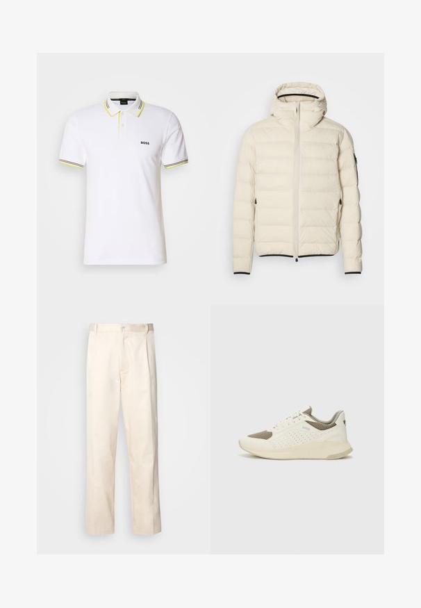 Padded bunda v krémovej farbe so zipsom vpredu a kapucňou. Má hladkú textúru a elastické manžety, dve bočné vrecká a diskrétne logo.; Biela polo tričko vyrobené z bavlny, s dvomi gombíkmi na zapínaní, čiernym logom "BOSS" a viacfarebnými pruhmi na golieri a rukávoch.; Béžové bavlnené nohavice so strihom rovného nohu, s gombíkovým zapínaním a záhybmi vpredu pre pridanie detailu.; Biele a svetlo béžové športové tenisky s hornou časťou z mriežkového materiálu, perforovanými detailmi a textúrovanou medzipodrážkou s logom na päte.