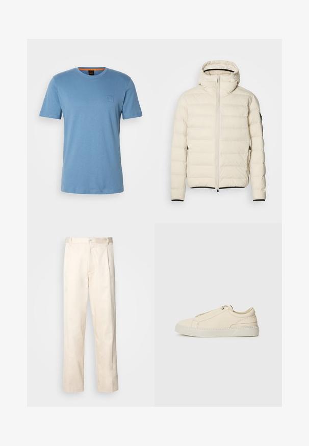 Padded jakna u krem boji s patentnim zatvaračem sprijeda i kapuljačom. Ima glatku teksturu i elastične manžete, s dva bočna džepa i diskretnim brendiranjem.; Plava pamučna majica s okruglim izrezom, kratkim rukavima i malom kvadratnom logom etiketom na prsima. Glatka tekstura i ležeran kroj.; Bežaste pamučne hlače ravnog kroja s kopčanjem na dugme i plisiranjima sprijeda za dodatni detalj.; Bež kožne tenisice s okruglim vrhom, minimalistički dizajn, suptilni šavovi i teksturirana gornja strana, na svijetloj potplati.