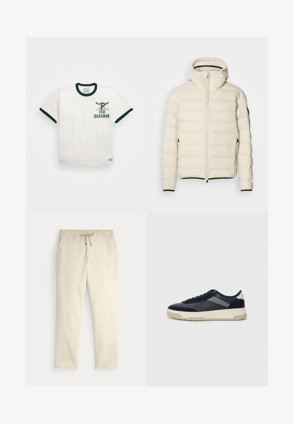 Padded jacket in cream with a zip front and hood. Features a smooth texture and elastic cuffs, with two side pockets and discreet branding.; Cream short-sleeve T-shirt with dark green ribbed collar and cuffs. Features a graphic print of crossed oars and "150 OARSMAN" text.; Off-white casual pants with elastic waistband and drawstring, straight legs, and side pockets against a plain background.; BOSS BALTIMORE - Trainers - open blue