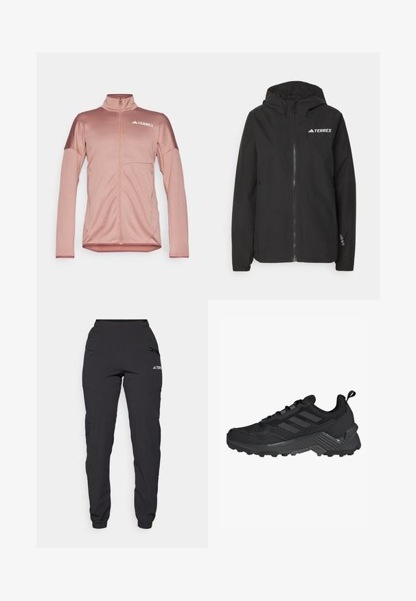 Black Terrex jacket featuring a zip front, mesh-lined hood, elastic cuffs, and logo at the chest. Lightweight fabric with a smooth texture.; Light pink Terrex jacket with a high collar, full zip closure, and long sleeves. Smooth texture and subtle contrasting accents on shoulders.; Black short-sleeve T-shirt made of lightweight fabric. Features a crew neckline and a small, white "TERREX" logo on the chest.; Black waterproof pants with an elastic waistband, zippered side pockets, tapered legs, and ribbed cuffs at the ankles. Features logo accents.; Black athletic shoe featuring a mesh upper, three-stripe design, molded heel, and rugged outsole with prominent traction lugs.
