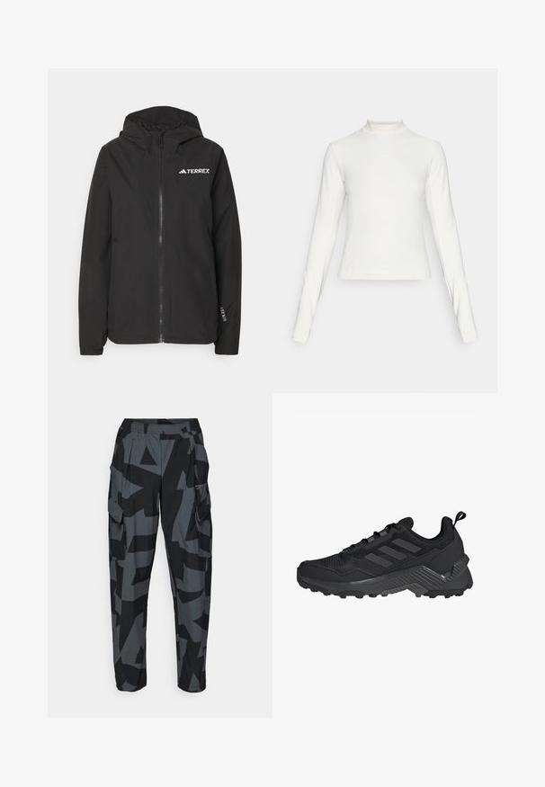 Melnā Terrex jaka ar rāvējslēdzēju priekšpusē, sietveida kapuci, elastīgām piedurknēm un logotipu uz krūts. Viegls audums ar gludu tekstūru.; Balto piedurkņu baltā sporta krekls ar augstāku apkakli un mazu centrētu logotipu uz krūtīm, attēlots uz vienkārša fona.; Kargo bikses ar melnu un pelēku ģeometrisku rakstu, ar elastīgu jostu, vairākām kabatām un brīvu piegriezumu.; Melnas sporta kurpes ar ventilējamu augšdaļu, trīs joslu dizainu, veidotu papēdi un izturīgu zoli ar izteiktām saķeres uzmavām.