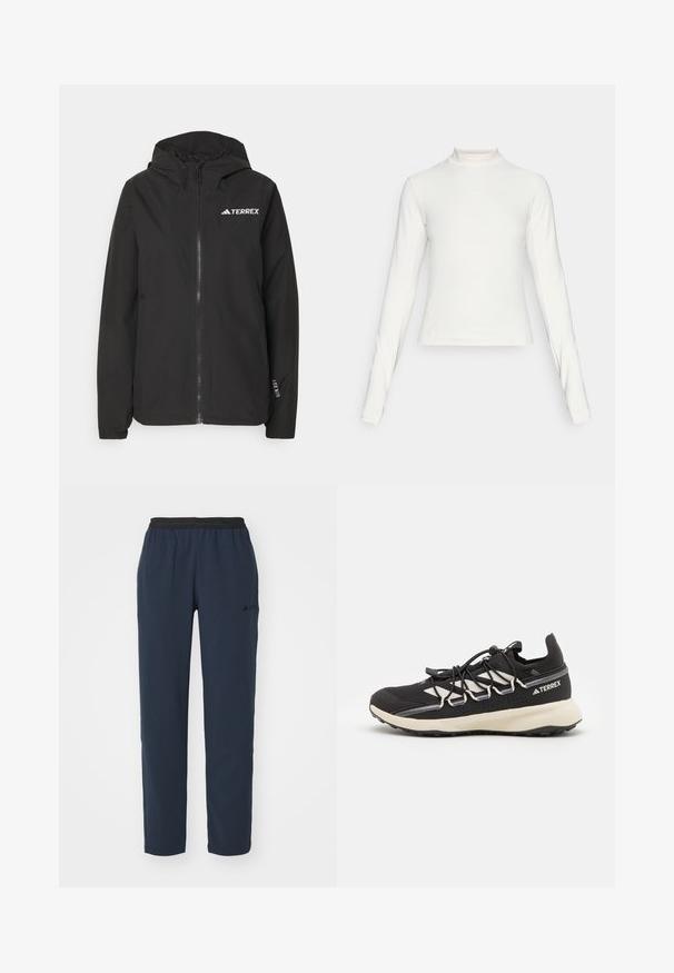 Svart Terrex-jakke med glidelås foran, mesh-fôret hette, elastiske mansjetter og logo på brystet. Lett materiale med en glatt tekstur.; Langermet hvit treningsgenser med høy hals og lite sentrert logo på brystet, vist på en enkel bakgrunn.; Mørkeblå treningsbukser laget av stretchstoff, med svart elastisk midjebånd og sidelommer, med et enkelt design og minimal merkevare.; Svart treningssko med teksturert overdel, kontrasterende hvite detaljer, en formet såle og elastiske snørebånd. Har en trykt logo på hælen.