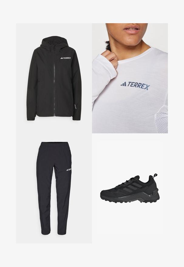 Jachetă neagră Terrex cu fermoar frontal, glugă căptușită cu plasă, manșete elastice și logo pe piept. Material ușor cu o textură netedă.; Cămașă albă cu mânecă lungă, având un logo albastru "TERREX". Materialul este ușor, cu accente din plasă texturată pe umeri.; Pantaloni atletici negri, realizați dintr-un material ușor și elastic, cu un tiv elastic și buzunare laterale cu fermoar. Prezintă un logo alb pe coapsă.; Pantofolii atletici negri, cu un superior din plasă, un design cu trei dungi, un toc modelat și o talpă robustă cu crampoane proeminente pentru tracțiune.