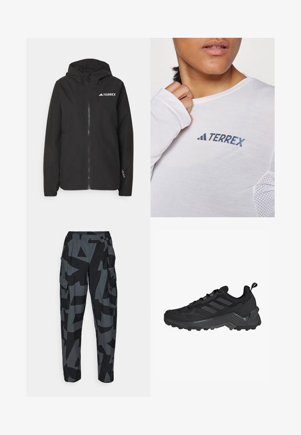 Musta Terrex-takki, jossa on vetoketjukiinnitys edessä, verkkomallinen huppu, elastiset hihansuut ja logo rinnassa. Kevyt kangas, jolla on sileä pinta.; Valkoinen pitkähihaisen paita, jossa on sininen "TERREX" -logo. Kangas on kevyt ja siinä on tekstuuriset verkkoakkentit olkapäissä.; Verkkohousut musta-harmaa geometrisella kuviolla, joissa on joustava vyötärö, useita taskuja ja rento leikkaus.; Musta urheilujalkine, jossa on verkkomateriaali ylhäällä, kolme raitaa, muotoiltu kanta ja kestävä pohja, jossa on voimakkaat pito-pinnat.