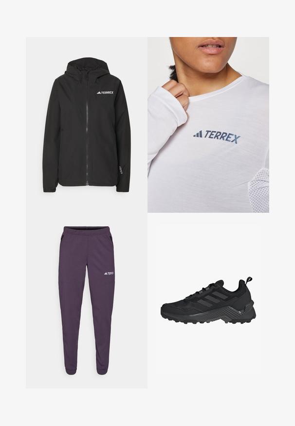 Musta Terrex-takki, jossa on vetoketjukiinnitys edessä, verkkomallinen huppu, elastiset hihansuut ja logo rinnassa. Kevyt kangas, jolla on sileä pinta.; Valkoinen pitkähihaisen paita, jossa on sininen "TERREX" -logo. Kangas on kevyt ja siinä on tekstuuriset verkkoakkentit olkapäissä.; Violetti urheiluhousut, joissa on kapenevat lahkeet, joustava vyötärö, sivutaskut ja valkoinen "TERREX"-logo. Valmistettu kevyestä, teksturoidusta kankaasta.; Musta urheilujalkine, jossa on verkkomateriaali ylhäällä, kolme raitaa, muotoiltu kanta ja kestävä pohja, jossa on voimakkaat pito-pinnat.
