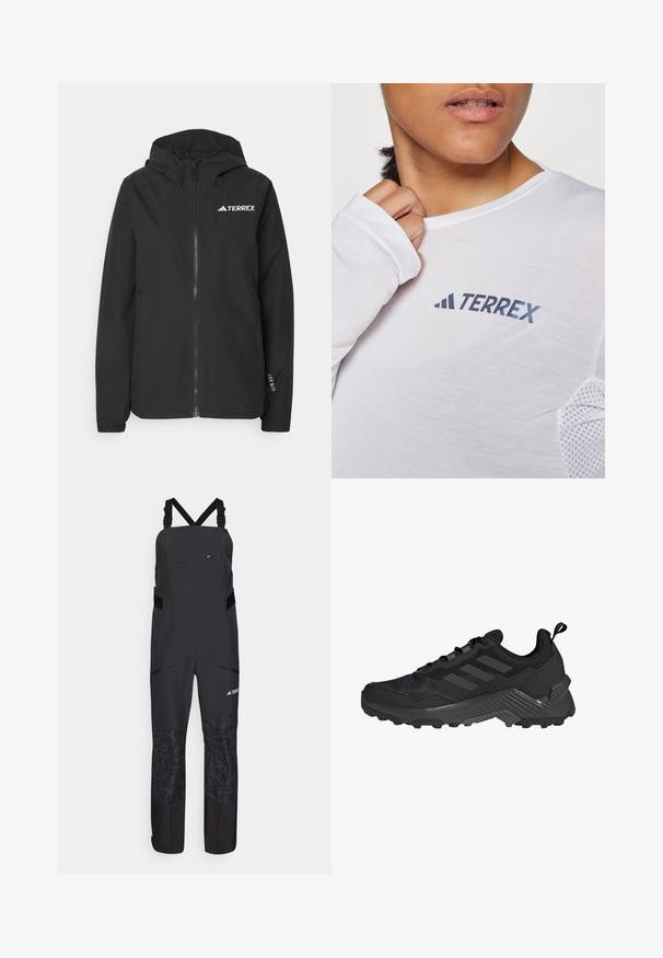 Musta Terrex-takki, jossa on vetoketjukiinnitys edessä, verkkomallinen huppu, elastiset hihansuut ja logo rinnassa. Kevyt kangas, jolla on sileä pinta.; Valkoinen pitkähihaisen paita, jossa on sininen "TERREX" -logo. Kangas on kevyt ja siinä on tekstuuriset verkkoakkentit olkapäissä.; Mustat ulkoiluhousut, joissa on säädettävät narut, vetoketjulliset taskut ja teksturoidut alaosat. Valmistettu kestävästä, säänkestävästä materiaalista.; Musta urheilujalkine, jossa on verkkomateriaali ylhäällä, kolme raitaa, muotoiltu kanta ja kestävä pohja, jossa on voimakkaat pito-pinnat.