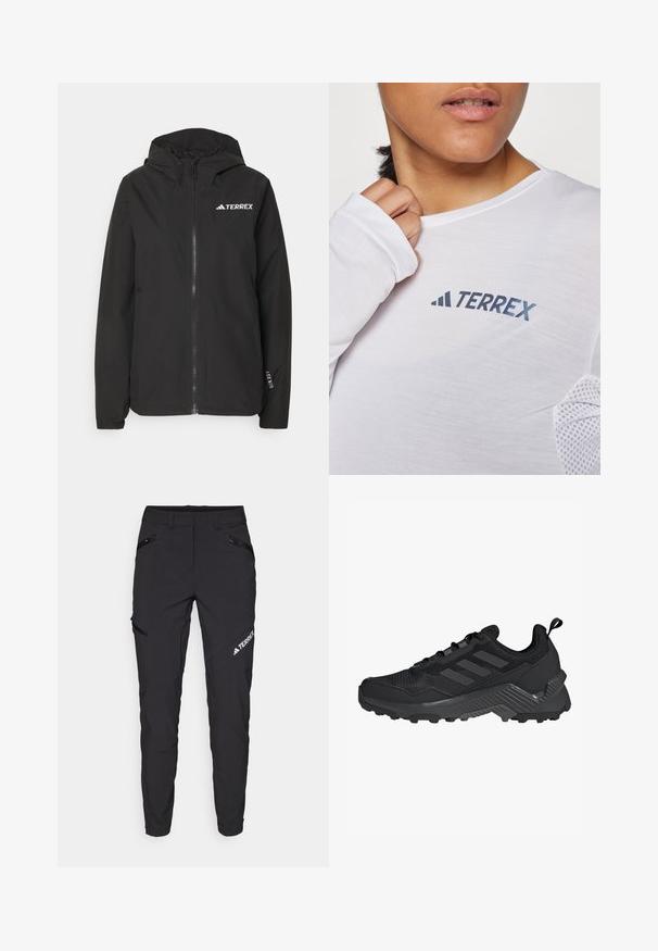 Juodas Terrex striukė su užtrauktuku, tinklelio pamušalu kapuce, elastingomis rankovėmis ir logotipu ant krūtinės. Lengvas audinys su sklandžiu paviršiumi.; Balta ilgomis rankovėmis marškiniai, kuriuose išryškėja mėlynas "TERREX" logotipas. Audinys yra lengvas, su tekstūruotu tinkleliu akcentais ant pečių.; Juodos lauko kelnės turi siaurą siluetą, užtrauktuku uždaromas kišenes, sustiprintus kelius ir logotipą kairėje pusėje. Pagamintos iš tvirto, lengvo audinio.; Juodas sportinis batas su tinklinėmis viršutinėmis dalimis, trimis juostelėmis, formuota kulno dalimi ir tvirtu padu su ryškiomis sukibimo gyslomis.
