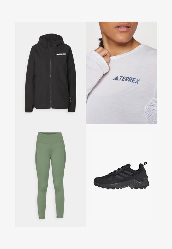 Fekete Terrex dzseki, cipzáras elülső résszel, hálós kapucnival, rugalmas mandzsettákkal és emblémával a mellrészen. Könnyű anyag, sima textúrával.; Fehér, hosszú ujjú ing, kék "TERREX" logóval. Az anyag könnyű, texturált hálós díszítésekkel a vállakon.; Zöld sportleggings magas derékkal, rugalmas anyagból készült, lapos varrásokkal és sima textúrával.; Fekete sportcipő, hálós felsőrésszel, háromcsíkos dizájnnal, formázott sarokkal és masszív talppal, kiemelkedő tapadási gombokkal.