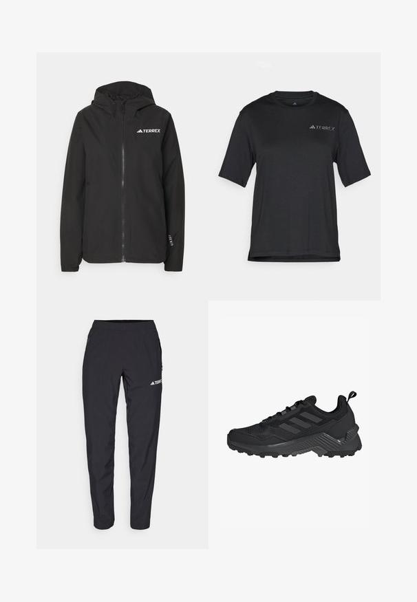 Svart Terrex-jakke med glidelås foran, mesh-fôret hette, elastiske mansjetter og logo på brystet. Lett materiale med en glatt tekstur.; Svart T-skjorte med korte ermer laget av lett stoff. Har rund halslinning og en liten, hvit "TERREX"-logo på brystet.; Svarte treningsbukser laget av lett, elastisk materiale med elastisk midjebånd og sidelommer med glidelås. Har hvitt logo på låret.; Svart idrettssko med mesh-overdel, design med tre striper, formet hæl og robust yttersåle med fremtredende støtteknopper.