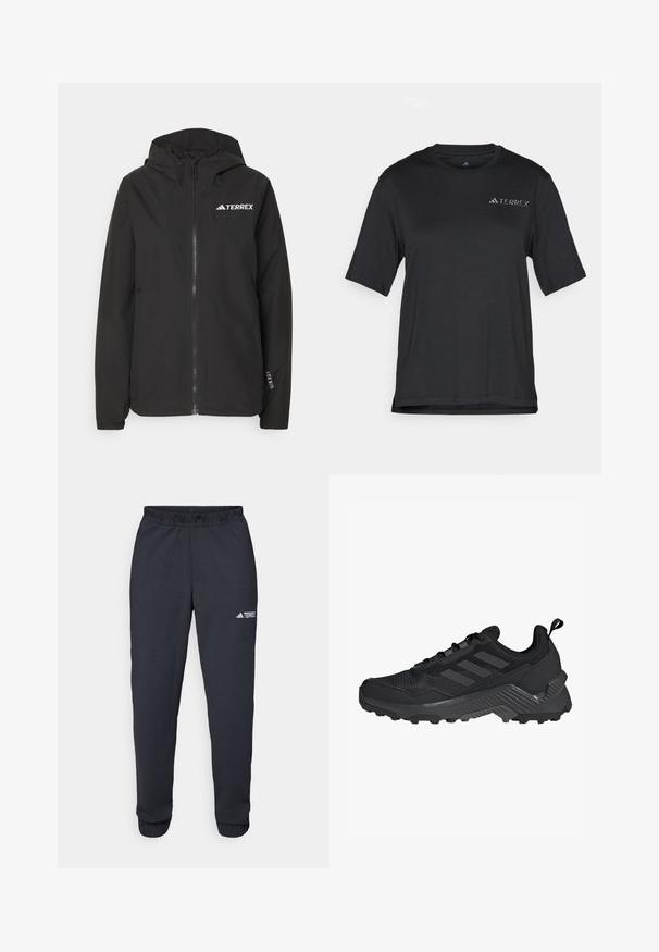 Schwarze Terrex-Jacke mit Reißverschluss, meshgefütterter Kapuze, elastischen Bündchen und Logo auf der Brust. Leichtes Material mit glatter Textur.; Schwarzes Kurzarm-T-Shirt aus leichtem Stoff. Verfügt über einen Rundhalsausschnitt und ein kleines, weißes "TERREX"-Logo auf der Brust.; Schwarze Sporthose aus glattem Material, mit einem elastischen Bund, schmal zulaufenden Beinen und einem kleinen weißen Logo auf dem linken Oberschenkel.; Schwarzer Sportschuh mit einem Mesh-Obermaterial, einem drei-Streifen-Design, einem geformten Fersenbereich und einer robusten Außensohle mit auffälligen Traktionsnoppen.