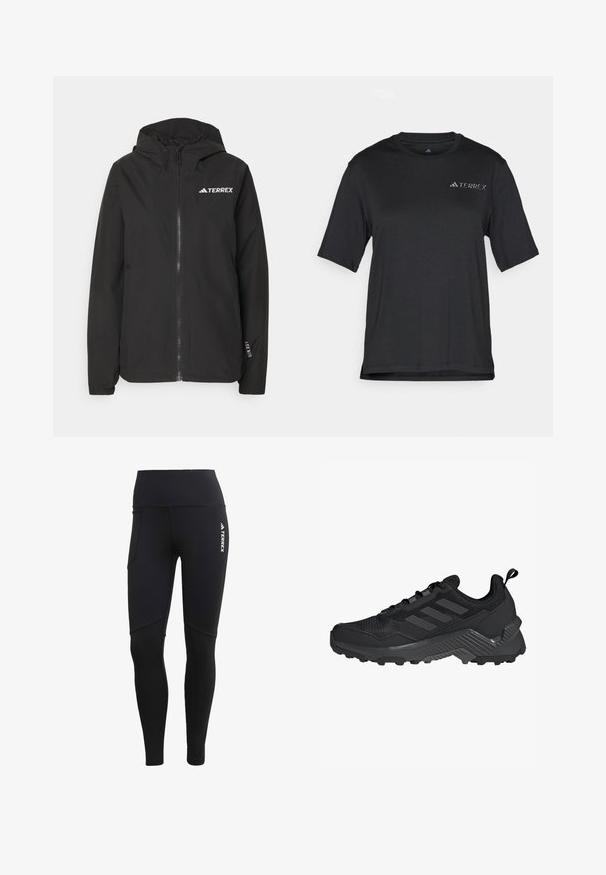 Svart Terrex-jakke med glidelås foran, mesh-fôret hette, elastiske mansjetter og logo på brystet. Lett materiale med en glatt tekstur.; Svart T-skjorte med korte ermer laget av lett stoff. Har rund halslinning og en liten, hvit "TERREX"-logo på brystet.; Sorte treningstights med høy midje, med en sidelomme, sømløst design og Terrex-logo på høyre front.; Svart idrettssko med mesh-overdel, design med tre striper, formet hæl og robust yttersåle med fremtredende støtteknopper.