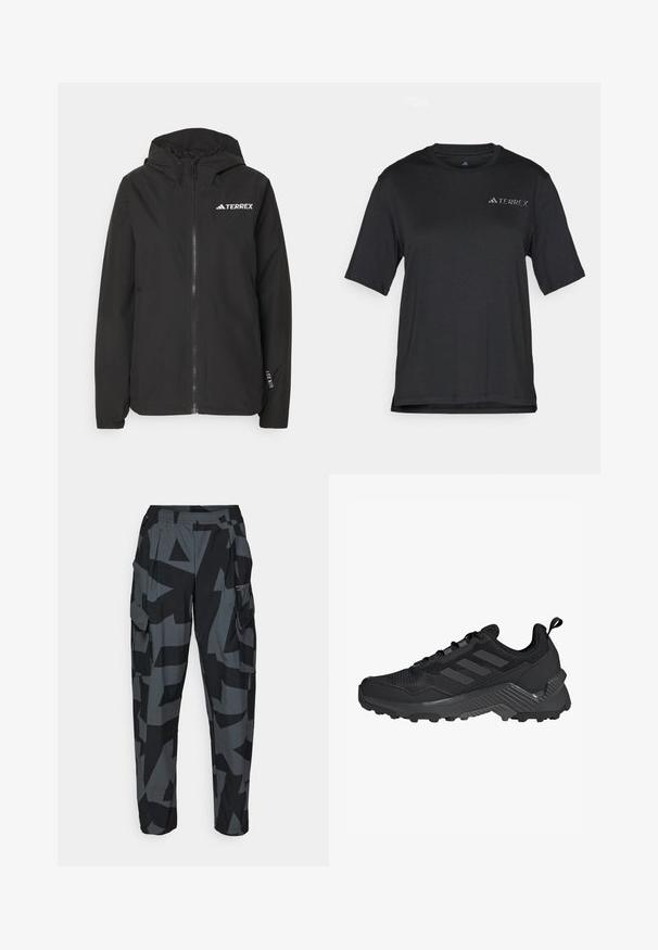 Svart Terrex-jakke med glidelås foran, mesh-fôret hette, elastiske mansjetter og logo på brystet. Lett materiale med en glatt tekstur.; Svart T-skjorte med korte ermer laget av lett stoff. Har rund halslinning og en liten, hvit "TERREX"-logo på brystet.; Cargo bukser i et sort og gråt geometrisk mønster, med elastisk talje, flere lommer og en afslappet pasform.; Svart idrettssko med mesh-overdel, design med tre striper, formet hæl og robust yttersåle med fremtredende støtteknopper.
