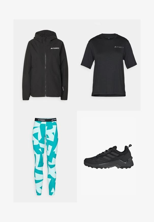 Black Terrex jacket featuring a zip front, mesh-lined hood, elastic cuffs, and logo at the chest. Lightweight fabric with a smooth texture.; Black short-sleeve T-shirt made of lightweight fabric. Features a crew neckline and a small, white "TERREX" logo on the chest.; Turquoise leggings with abstract white and teal geometric patterns. Made of stretchy material, featuring a black TERREX logo waistband.; Black athletic shoe featuring a mesh upper, three-stripe design, molded heel, and rugged outsole with prominent traction lugs.