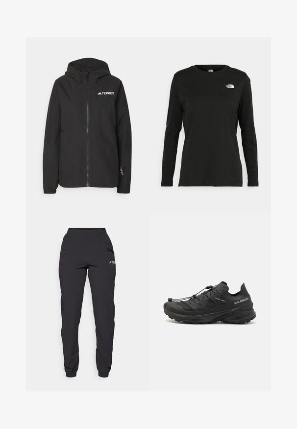 Melnā Terrex jaka ar rāvējslēdzēju priekšpusē, sietveida kapuci, elastīgām piedurknēm un logotipu uz krūts. Viegls audums ar gludu tekstūru.; Melnas garām piedurknēm T-krekls, izgatavots no kokvilnas ar apaļu kaklu. Tam ir mazs balts logo kreisajā krūtīs. Vienkāršs dizains un piegulums.; Melni ūdensizturīgi bikses ar elastīgu jostasvietu, ar rāvējslēdzēja sānu kabatām, sašaurinātiem kāju galiem un ribotām aprocēm pie potītēm. Iespējams, logo akcents.; Melnas skriešanas kurpes ar teksturētu augšdaļu, acs paneļiem un drošu aizdari. Iespējām raupja zole labākai saķerei.