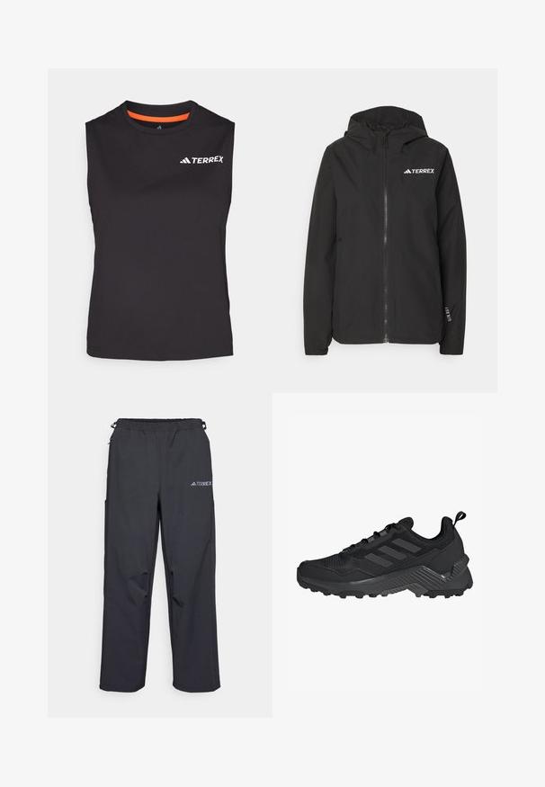 Černá bunda Terrex s předním zipem, síťovanou kapucí, elastickými manžetami a logem na hrudi. Lehký materiál s hladkým povrchem.; Bezrukávové černé sportovní tričko vyrobené z tkaniny odvádějící vlhkost. Obsahuje oranžový akcent na límci a bílý potisk loga "TERREX".; Černé, lehké venkovní kalhoty s elastickým pasem, bočními kapsami a logem na pravé horní nohavici. Hladká, voděodolná tkanina.; Černá sportovní bota s síťovaným svrškem, designem se třemi pruhy, tvarovanou patou a robustní podrážkou s výraznými protiskluzovými výstupky.