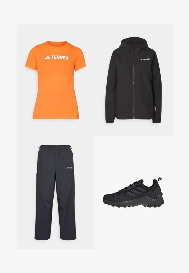 Musta Terrexi jope, millel on lukuga esitasku, võrguga vooderdatud kapuuts, elastsed mansetid ja logo rinnal. Kergest kangast, millel on sile tekstuur.; Oranz värviline lühikeste varrukatega T-särk, mis on valmistatud kergest kangast. Esiküljel on valge "TERREX" logo ja klassikaline ümmargune kaelus.; Mustajad, kerged väljakäimise püksid elastse vöökoha, küljetaskute ja logoga paremal ülemisel jalal. Sile veekindel kangas.; Must mustusjalats, millel on võrkkangast ülemine osa, kolme triibuga disain, vormitud kand ja rohkete haardelabadega tugev välistald.