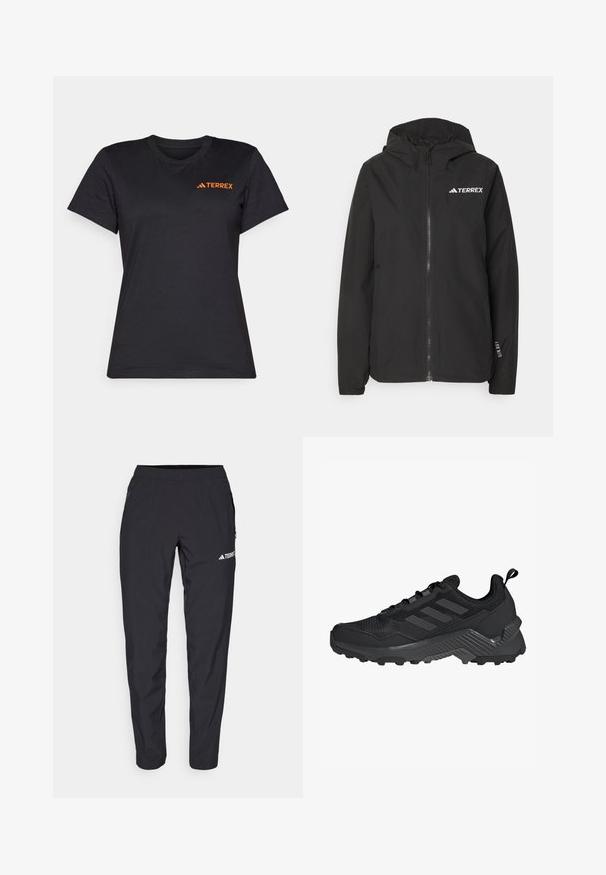 Černá bunda Terrex s předním zipem, síťovanou kapucí, elastickými manžetami a logem na hrudi. Lehký materiál s hladkým povrchem.; Černé tričko s krátkým rukávem vyrobené z bavlny. Má kulatý výstřih a na levé horní straně hrudi je oranžové logo "TERREX".; Černé sportovní kalhoty vyrobené z lehkého, elastického materiálu s elastickým pasem a bočními zipovými kapsami. Na stehně je bílý logo.; Černá sportovní bota s síťovaným svrškem, designem se třemi pruhy, tvarovanou patou a robustní podrážkou s výraznými protiskluzovými výstupky.