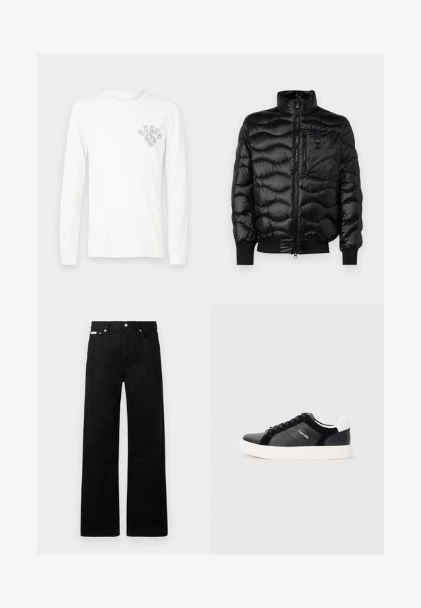 Blauer DANIEL - Daunenjacke - black; Weißes Langarm-T-Shirt aus Baumwolle mit Rundhalsausschnitt und kleinem grauen "GUESS"-Logo auf der linken Brust. Schlichtes Design, keine Muster.; Schwarze Denim-Hose im weiten Bein-Design mit fünf Taschen und metallenen Knopfdetails. Glatte Textur, ohne sichtbare Muster.; Schwarze Sneakers mit glänzendem Leder und Wildleder-Elementen, weißer Sohle und schwarzen Schnürsenkeln. Verfügt über ein Logo an der Seite sowie ein kontrastierendes Fersen-Detail.