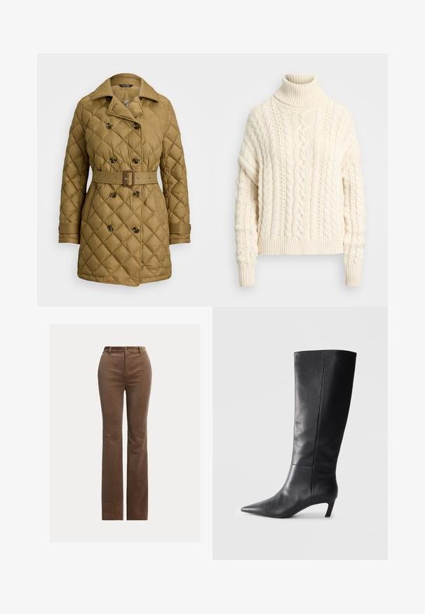 Kvadrovani smeđi puffa kaput s dvostrukim gumbima, remenom u struku i dva bočna džepa, s ovratnikom i rebrastim manžetama.; Pleteni pulover s visokim ovratnikom v kremni barvi, z rebrastimi manžetami in robom, teksturiranim vzorcem ter sproščenim, oversize krojem.; Smeđe kordura hlače ravnog kroja, s petljama za remen, prednjim džepovima i suptilnim vertikalnim rebrima za teksturu.; Crne kožne čizme do koljena s šiljastim vrhom, strukturiranim dizajnom i umjerenom petom. Glatka tekstura, minimalni detalji šivanja.