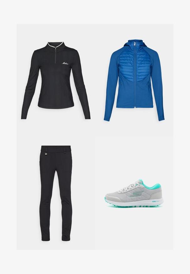 Blå hettegenser med quiltet frontpanel, glatt stoff, hel glidelås og lange ermer. Har en tettsittende design og sidelommer.; Svart langermet jakke med glidelås og ribbestruktur, kontrasterende hvit krage og liten logo på brystet. Fitted design.; Svarte stretchbukser med slim fit, som har to frontlommer og en dekorativ metalldetalj nær midjen. Glatt tekstur.; Grå treningssko med et teksturert mesh-overdel, turkise aksenter og en hvit såle med grønne grep. Logo på siden.