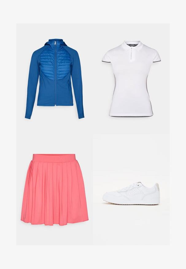 Mėlyna gobtuvu striukė su pagalvotais priekiniais skydeliais, lygaus audinio, su pilnu užtrauktuku ir ilgomis rankovėmis. Ypatybė - prigludusi konstrukcija ir šoninės kišenės.; Balta polo marškinėliai su trumpomis rankovėmis, apykakle ir priekiniais mygtukais. Juodos detalės ant rankovių ir šoninių siūlių. Minkšta, lygi tekstūra.; Raukšlėta sijonas ryškiu koralinės spalvos atspalviu, su lygia tekstūra, elastingu juosmeniu ir laisvu dizainu, kurio apatinis kraštas yra šiek tiek virš kelių.; Balti sportiniai batai su lygiu tekstūriniu paviršiumi, perforuotu dizainu, guminiais padais ir smėlio spalvos kulno akcentu.