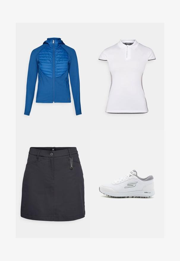 Chaqueta azul con capucha y panel frontal acolchado, de tela suave, con cremallera completa y mangas largas. Presenta un diseño ajustado y bolsillos laterales.; Camisa polo blanca de manga corta, con cuello y botonera en la parte delantera. Acentos negros en las mangas y las costuras laterales. Textura suave y lisa.; Mini falda negra con una textura suave, que cuenta con un cierre de botones en la parte delantera, bolsillos laterales y un acento de llavero en la cinturilla.; Zapatillas deportivas blancas con un upper de malla texturizada, acentos plateados y una suela ligera con pequeños tacos de tracción, etiquetadas como "ULTRA FLIGHT."