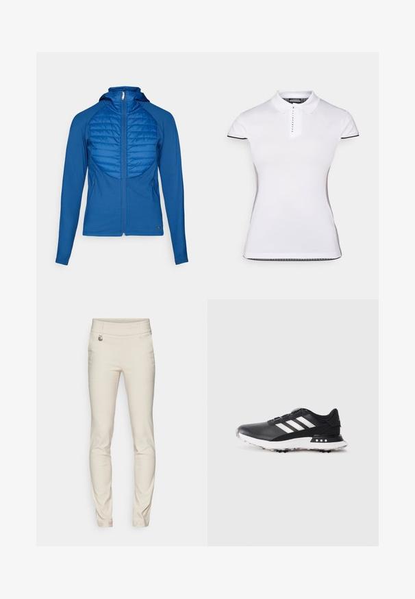 Casaco azul com capuz e painel frontal acolchoado, tecido suave, fecho de correr completo e mangas longas. Apresenta um design ajustado e bolsos laterais.; Camisa polo branca de manga curta, com colarinho e botonadura frontal. Detalhes pretos nas mangas e costuras laterais. Textura suave e lisa.; Daily Sports MAGIC PANTS - Calças - raw; Sapatilha desportiva preta com riscas brancas, parte superior texturizada, bico redondo e sola de borracha branca com pequenas pontas para tração.